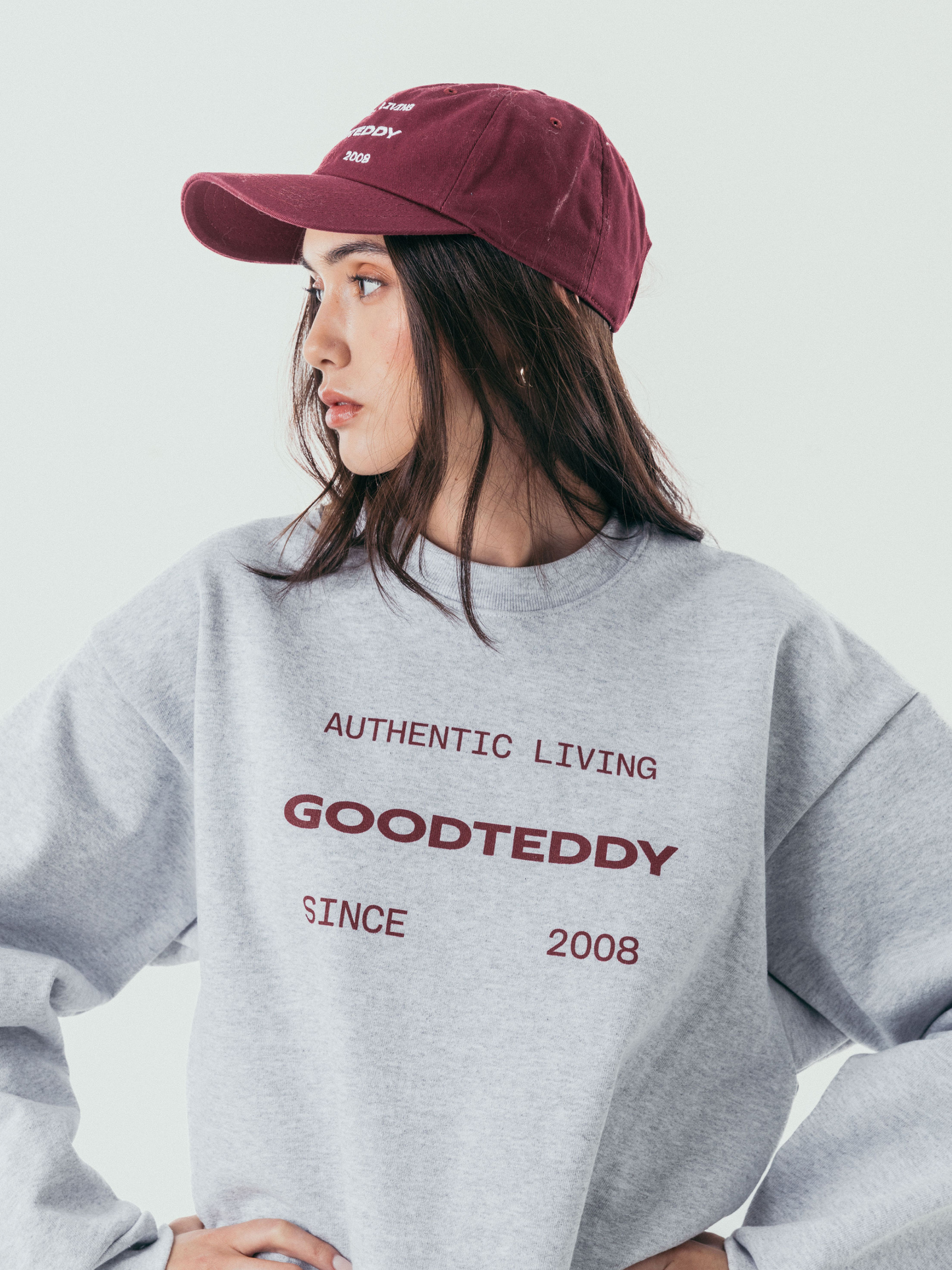AUTHENTIC LIVING CREWNECK - ASH/MERLOT